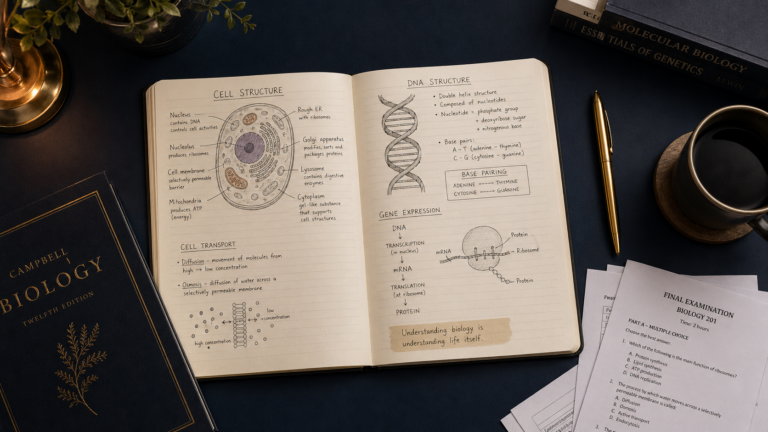 AP 生物簡答題備考桌面俯視圖筆記本金色筆與考題講義學術風格